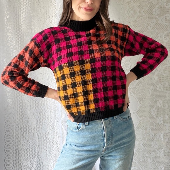 Vintage 80s Buffalo Check Sweater Pink Orange Black Cropped Knit Top - Picture 3 of 11
